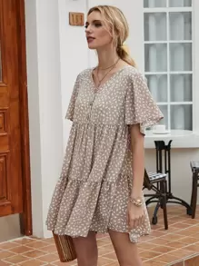 Allover Print Flutter Sleeve Buttoned Babydoll Dress - Khaki - View 6