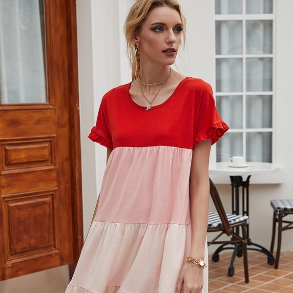 

Ombre Frill Cuff Ruffle Hem Babydoll Dress, Multicolor