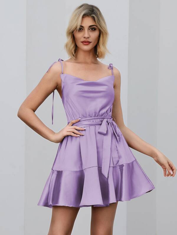 Double Crazy Knot Strap Flounce Hem Belted Satin Dress