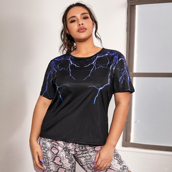 

Plus Lightning Print Round Neck Tee, Black