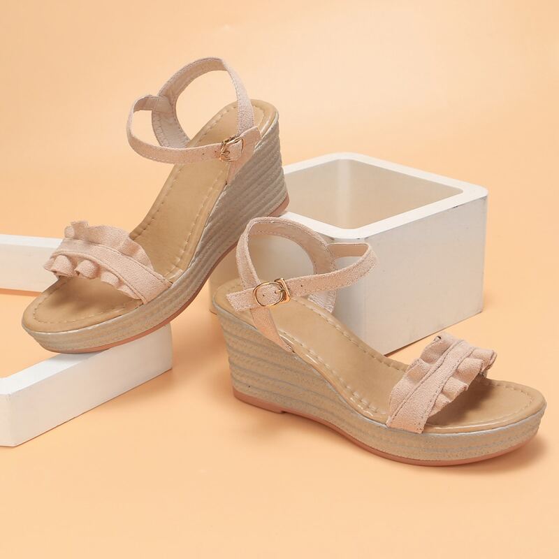 

Ruffle Decor Ankle Strap Wedges, Pink