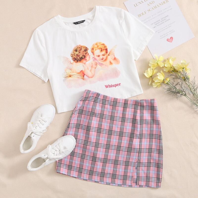 

Letter and Angel Print Top & Split Hem Plaid Skirt Set, Multicolor