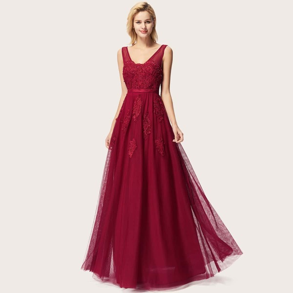 

EverPretty Beaded Detail Embroidered Mesh Prom Dress, Burgundy
