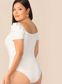 SHEIN Privé Plus Puff Sleeve Wrap Front Bodysuit - White - View 2