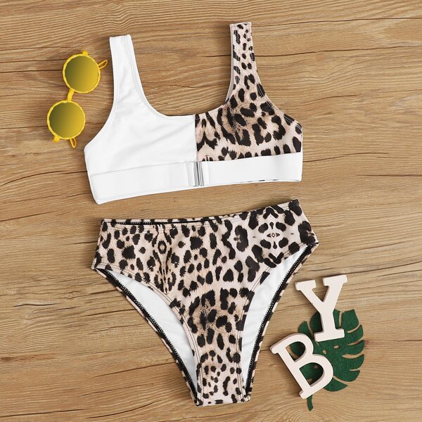 

Girls Contrast Leopard High Waisted Bikini Swimsuit, Multicolor