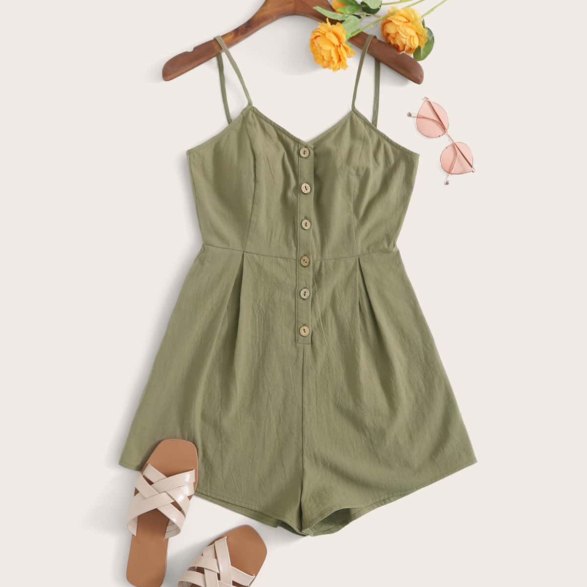 

Buttoned Front Slip Romper, Army green