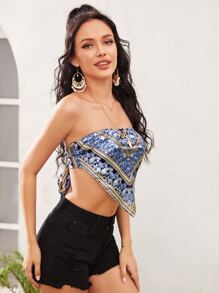 SHEIN 後繫帶手帕下擺佩斯利抹胸上衣 - 彩色 - 查看 4