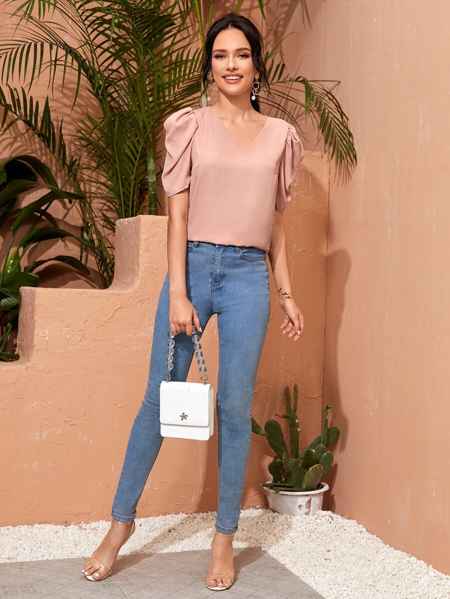 SHEIN Top unicolor de manga farol - Rosa - Ver 1