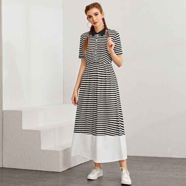 

Contrast Hem Rib-knit Striped Polo Dress, Black and white