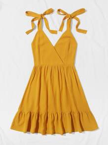Vestido con tira con nudo bajo fruncido de cuello cruzado - Amarillo - Ver 5