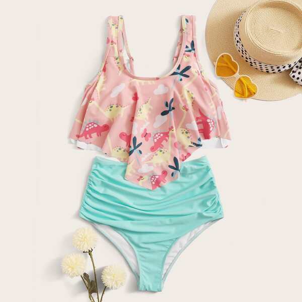 

Cartoon Graphic Hanky Hem Top With High Waisted Bikini, Multicolor