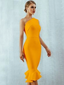 單肩荷葉邊下擺包臀連衣裙 - 黃色 - 查看 3