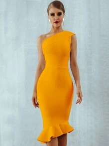 單肩荷葉邊下擺包臀連衣裙 - 黃色 - 查看 4