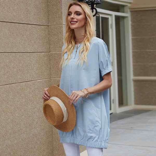 

Slant Pocket Elastic Hem Tunic Blouse, Blue