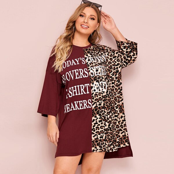 

Plus Slogan Graphic Leopard Split Hem Longline Tee, Burgundy