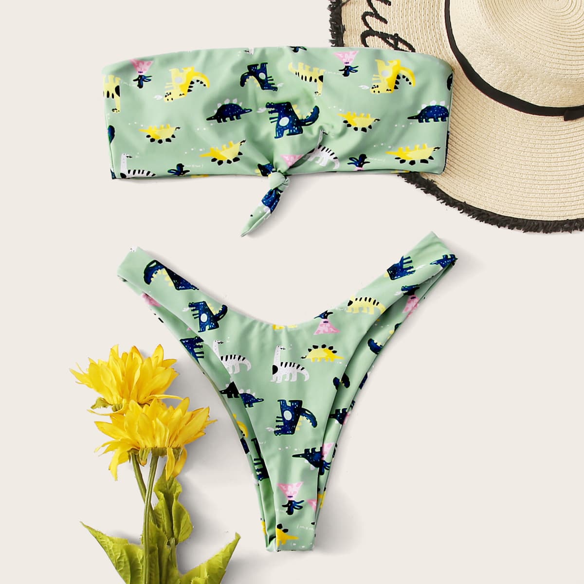 

Cartoon Dinosaur Bandeau High Cut Bikini Swimsuit, Green