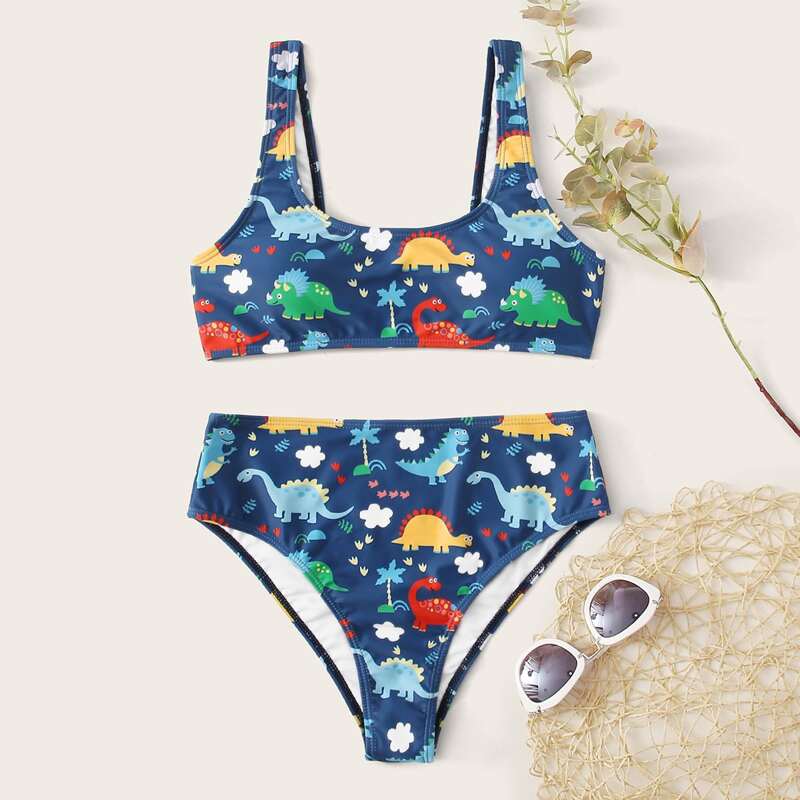 

Cartoon Dinosaur High Waisted Bikini Swimsuit, Multicolor