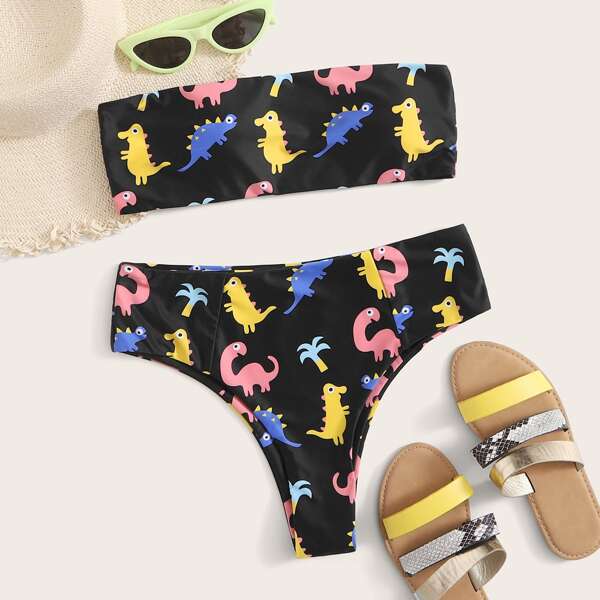 

Cartoon Dinosaur High Waisted Bikini Swimsuit, Multicolor