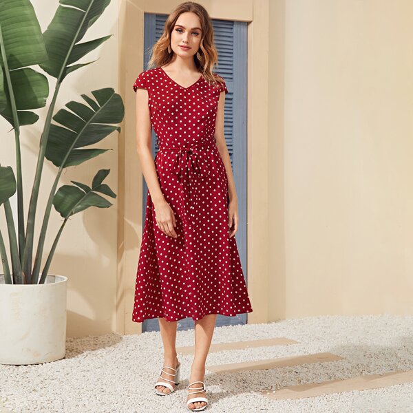 

Polka Dot Belted Long Dress, Red