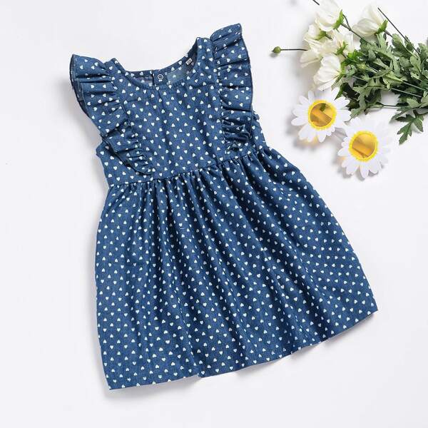 

Toddler Girls Allover Heart Ruffle Trim Denim Dress, Blue