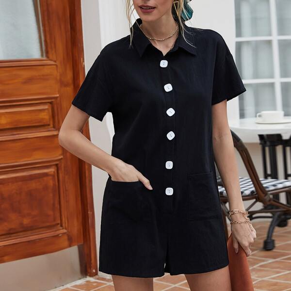 

Double Pocket Button Front Romper, Black
