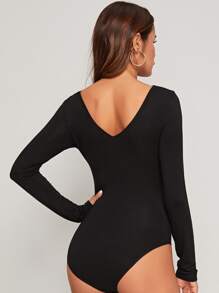 SHEIN Guipure Lace Trim Solid Bodysuit - Black - View 2