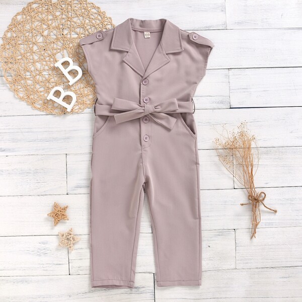 

Toddler Girls Button Front Belted Jumpsuit, Purple pastel