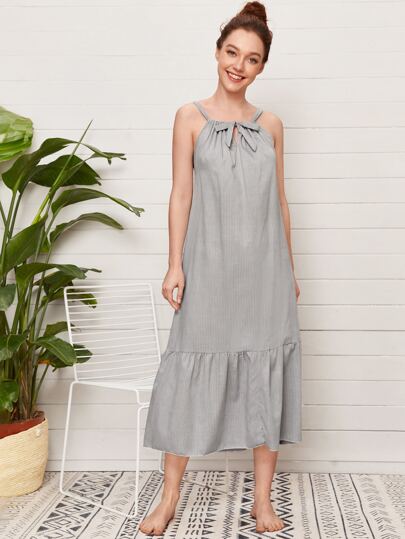 Striped Tie Front Ruffle Hem Cami Night Dress