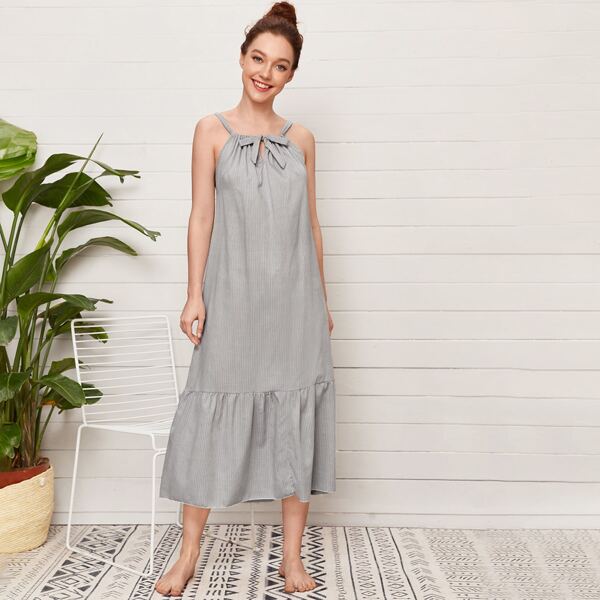 

Striped Tie Front Ruffle Hem Cami Night Dress, Grey