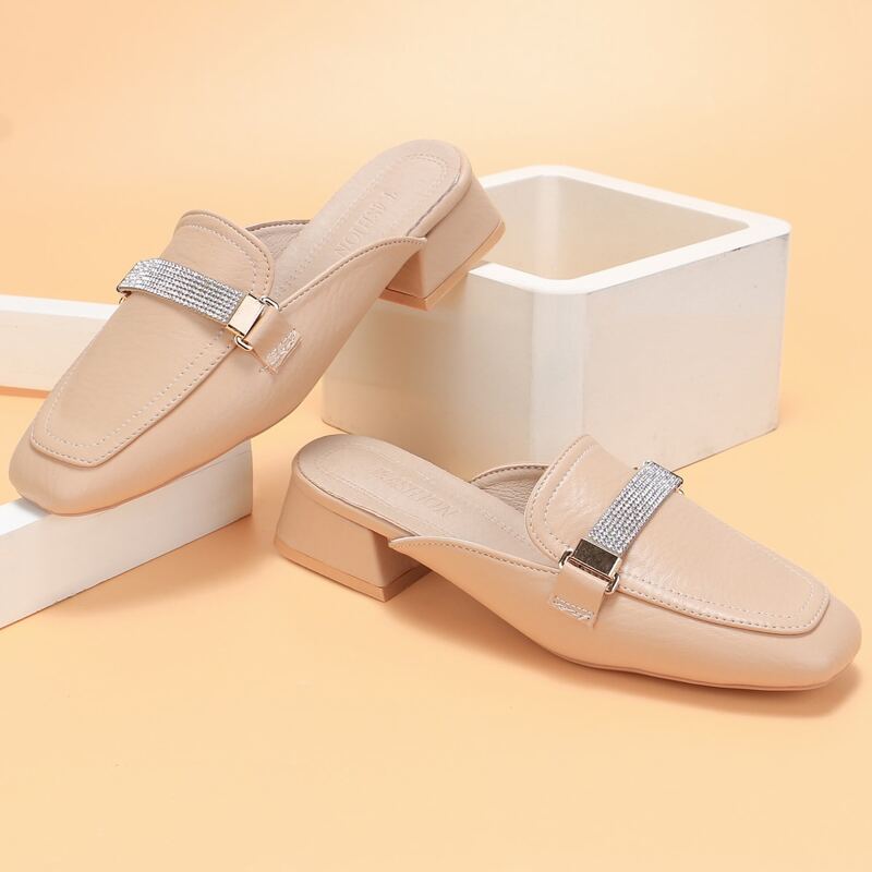 

Rhinestone Decor Block Heeled Mules, Pink