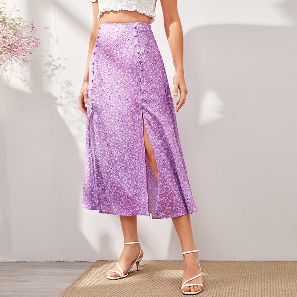 

Ditsy Floral Split Thigh Skirt, Purple
