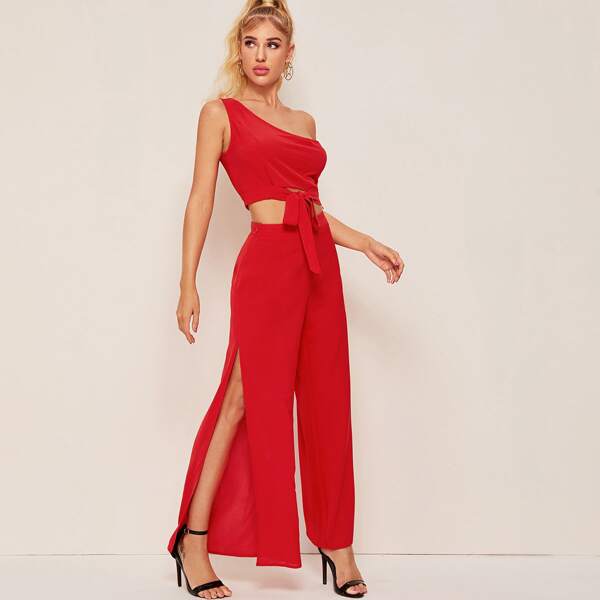 

One Shoulder Tie Front Cutout Top & Split Thigh Pants Set, Red bright
