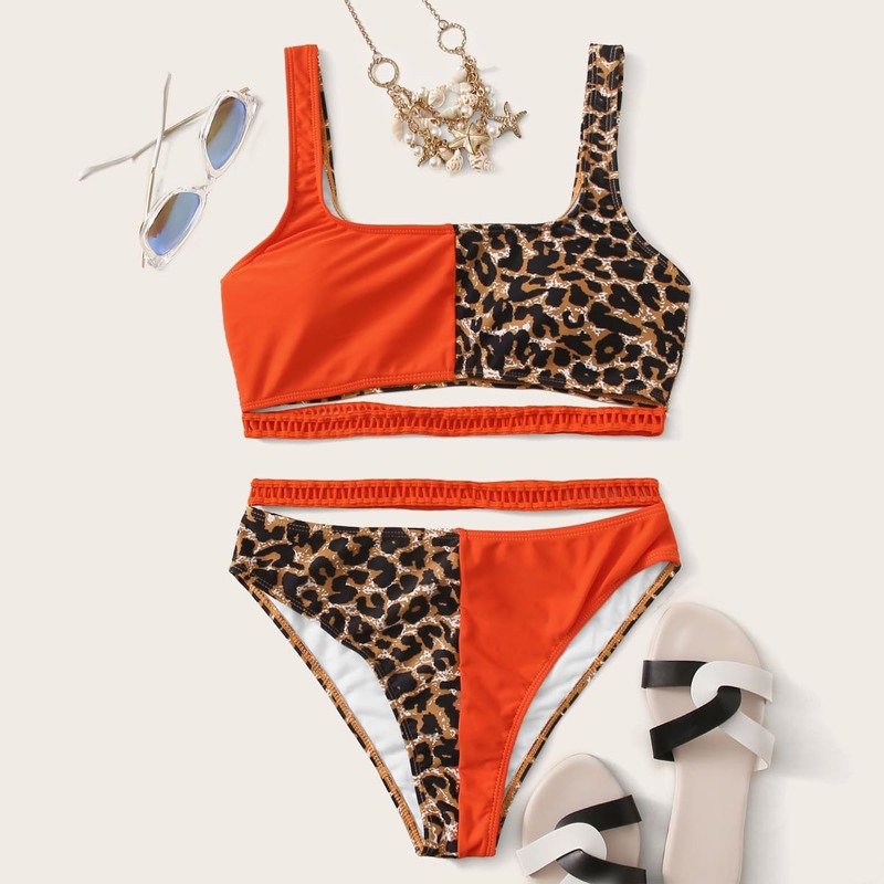 

Contrast Leopard Hollow-out Trim Bikini Swimsuit, Multicolor