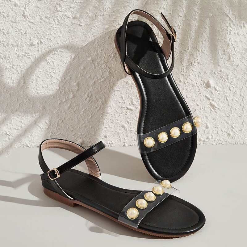 

Faux Pearl Decor Clear Sandals, Black