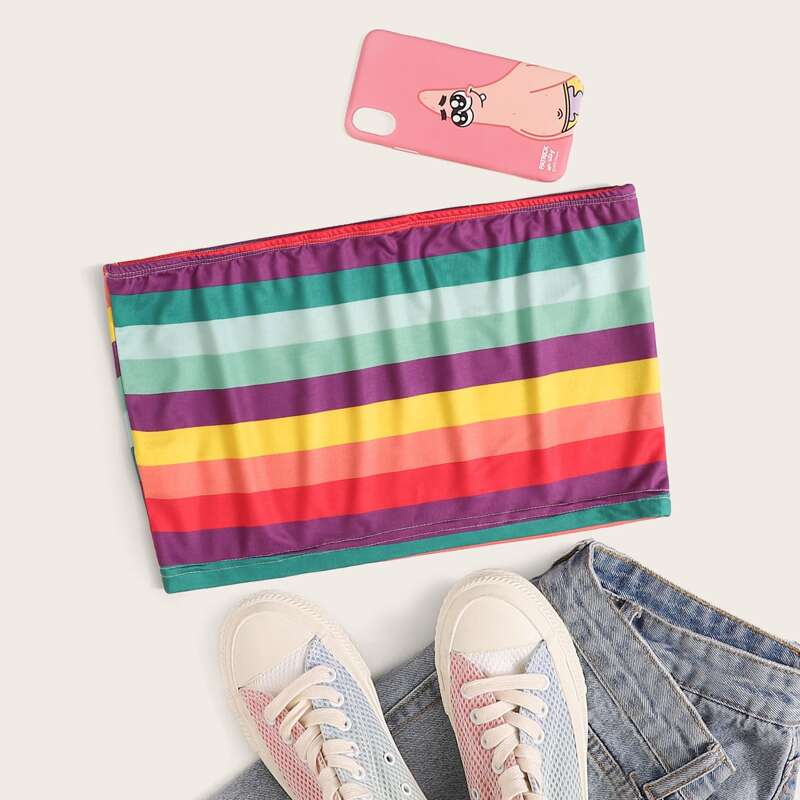 

Rainbow Striped Crop Tube Top, Multicolor