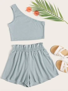 羅紋針織單肩短版上衣和紙袋腰短褲 - 藍色 - 查看 1