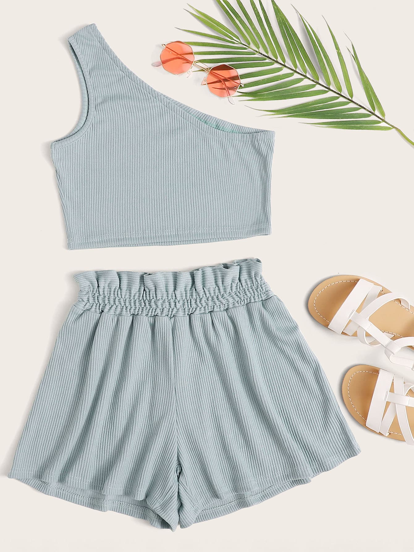 羅紋針織單肩短版上衣和紙袋腰短褲 - 藍色 - 查看 1