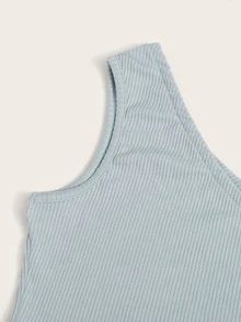 羅紋針織單肩短版上衣和紙袋腰短褲 - 藍色 - 查看 3