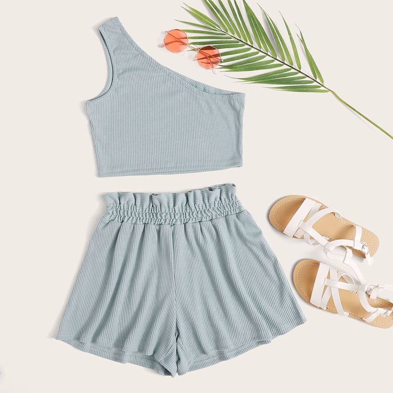 

Rib-Knit One Shoulder Crop Top & Paperbag Waist Shorts, Blue
