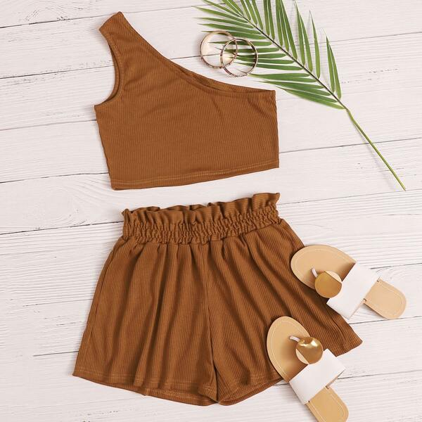 

Rib-Knit One Shoulder Crop Top & Paperbag Waist Shorts, Brown