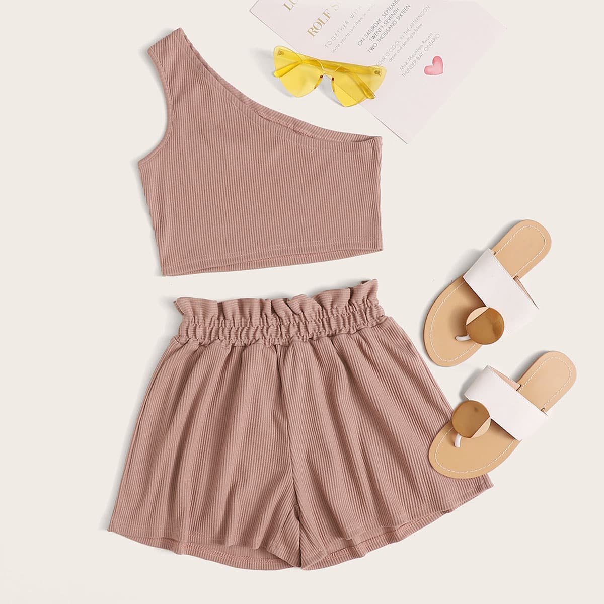 

Rib-Knit One Shoulder Crop Top & Paperbag Waist Shorts, Pink