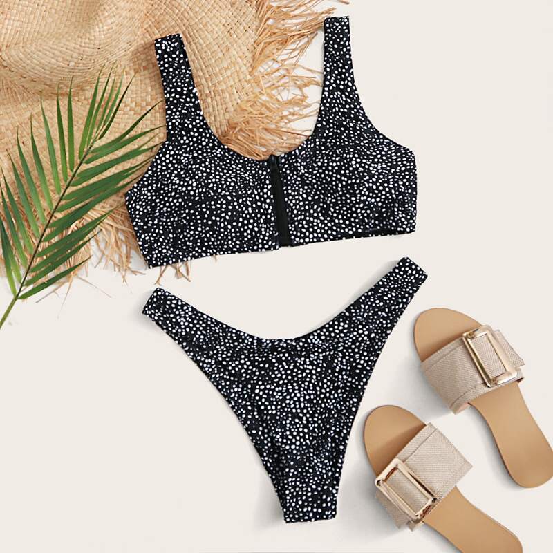 Dalmatian Zip Front Cheeky Bikini Swimsuit, Black and white