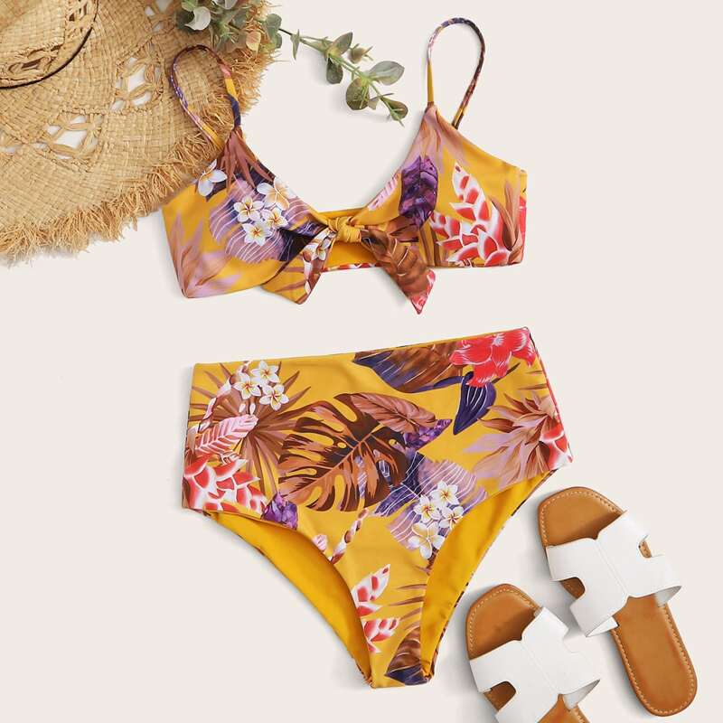 

Tropical Knot Front High Waisted Bikini Swimsuit, Multicolor