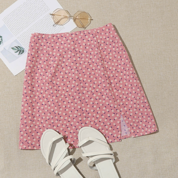

Ditsy Floral Slit Hem A-Line Dress, Pink