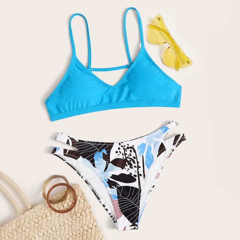 

Plant Print Cut-out Bikini Swimsuit, Multicolor