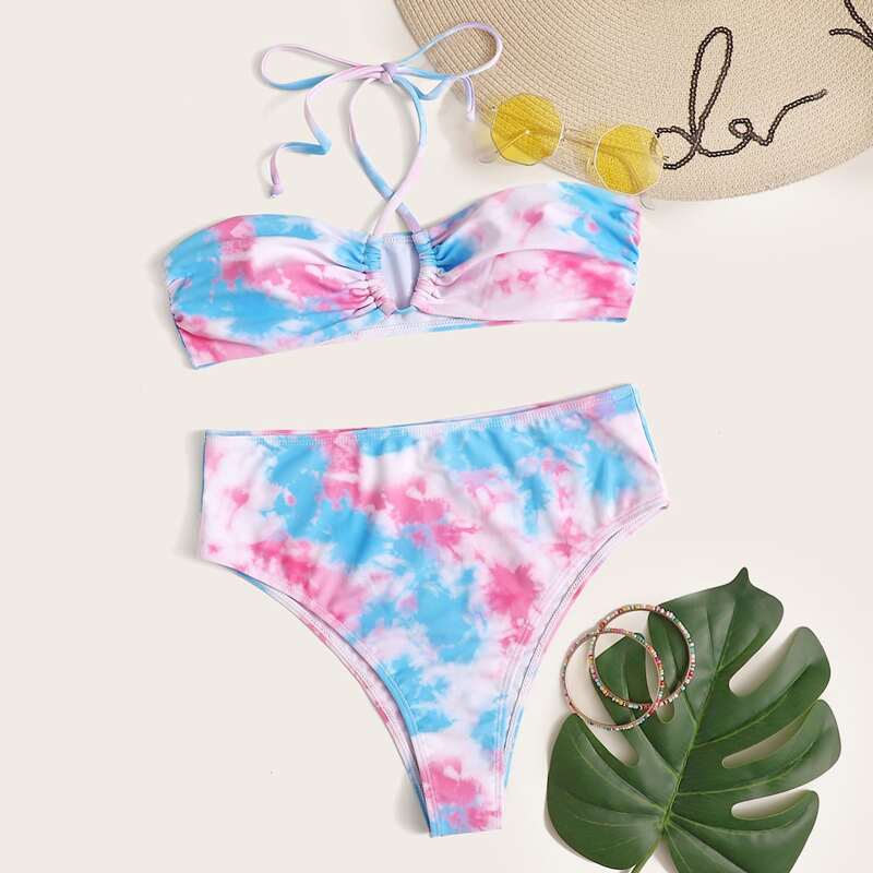 

Tie Dye Crisscross Halter High Waisted Bikini Swimsuit, Multicolor