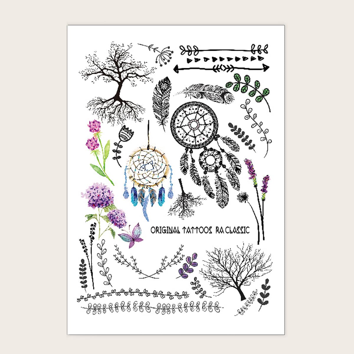 

Dreamcatcher & Leaf Pattern Tattoo Sticker, Multicolor