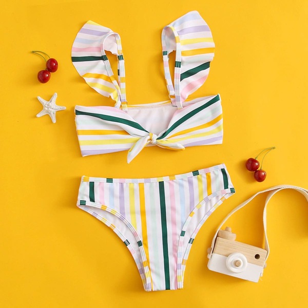

Girls Rainbow Stripe Knot Front Bikini Swimsuit, Multicolor