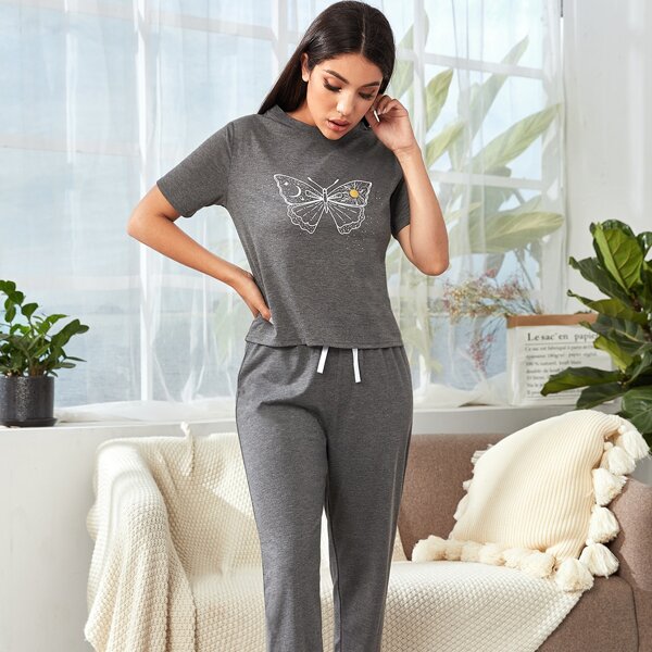 

Butterfly Print Tee With Pants, Grey