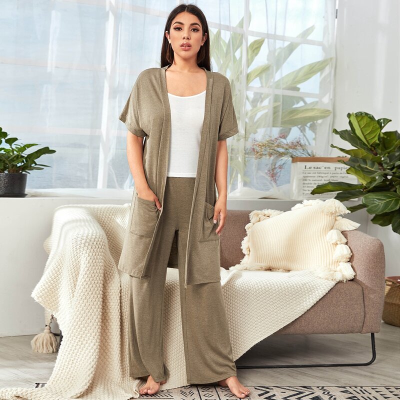

Double Pocket Solid Robe Set, Khaki